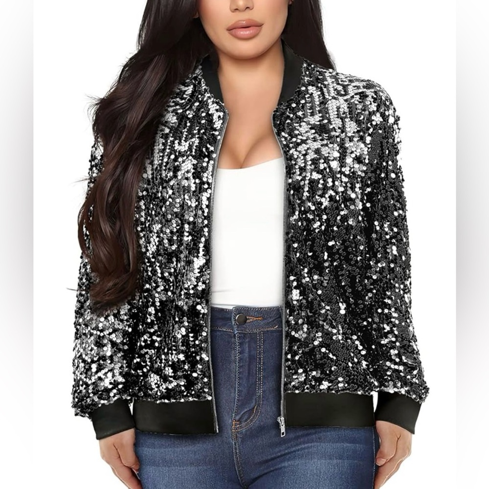- Women's Plus Sequin Long Sleeve Front Zip Bomber Jacket with Ribbed Cuffs